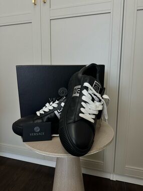 Versace Black Leather Low-Top Sneakers with White Laces